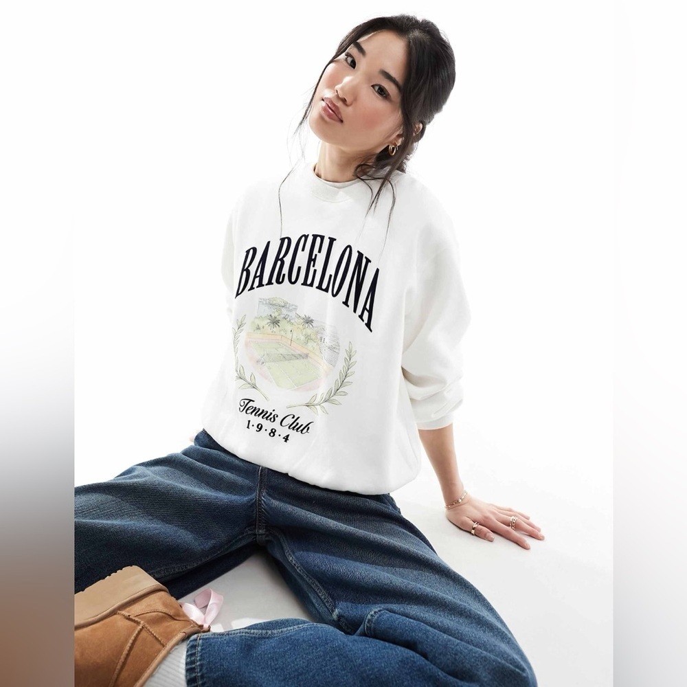 Hollister Barcelona Tennis Club Printed Sweatshirt, White/Cloud Dancer, Large